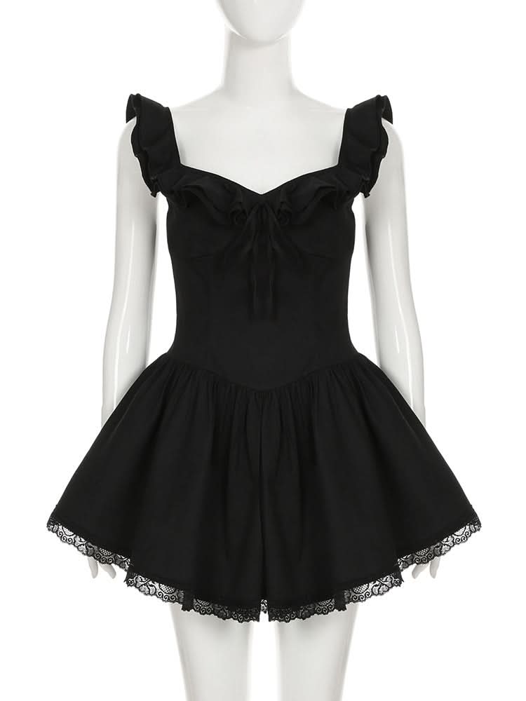 Ruffle self tie lace hem ruched cami mini dress  | Festival Outfits Women-final-sale