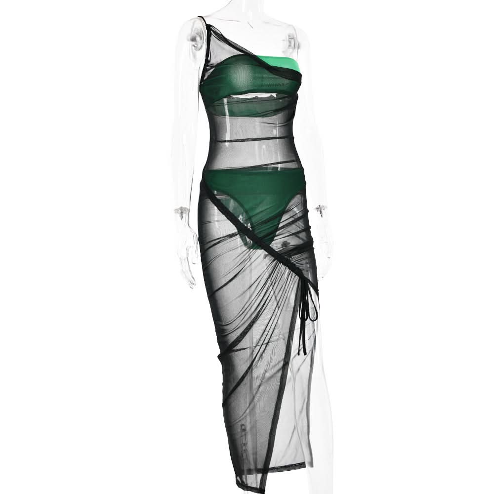 Drawstring mesh one shoulder 3 piece tube short pant set  | Festival Outfits Women