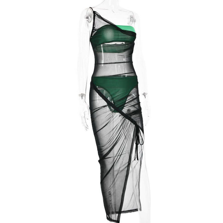 Drawstring mesh one shoulder 3 piece tube short pant set  | Festival Outfits Women