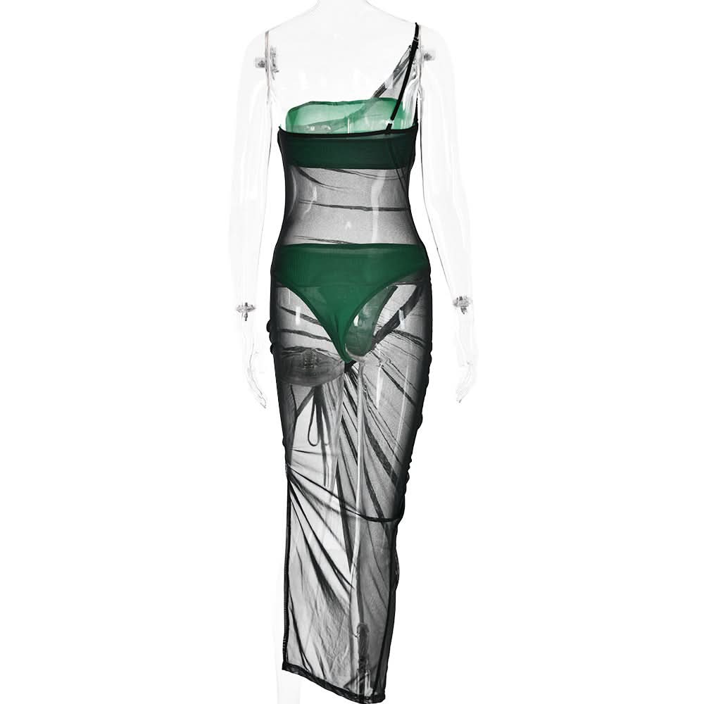 Drawstring mesh one shoulder 3 piece tube short pant set  | Festival Outfits Women