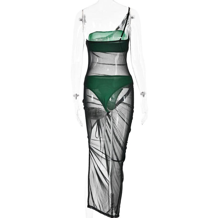 Drawstring mesh one shoulder 3 piece tube short pant set  | Festival Outfits Women