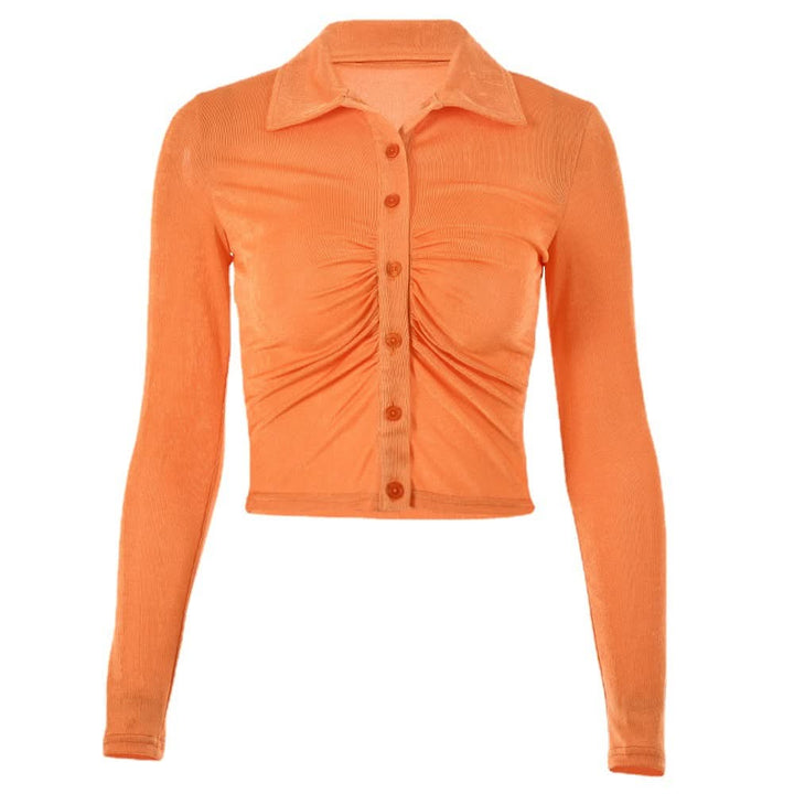 Turnover collar long sleeve ruched button crop top  | Festival Outfits Women