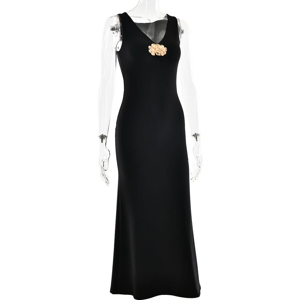 V neck sleeveless flower applique maxi dress  | Festival Outfits Women