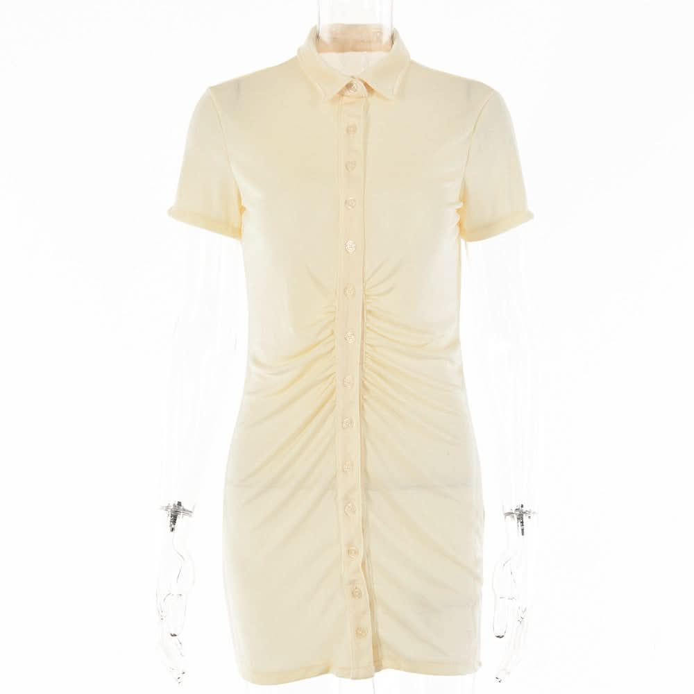 Turnover collar short sleeve ruched button mini dress  | Festival Outfits Women