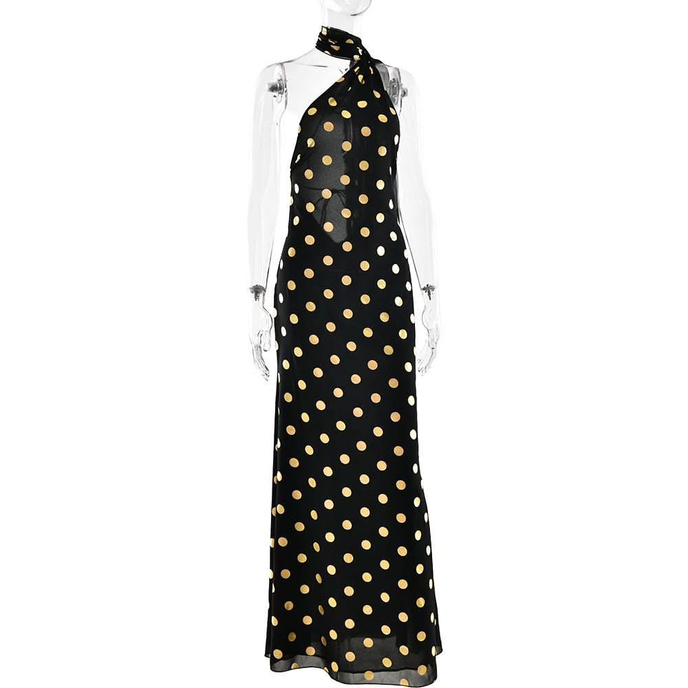 Halter polka dot backless self tie maxi dress  | Festival Outfits Women