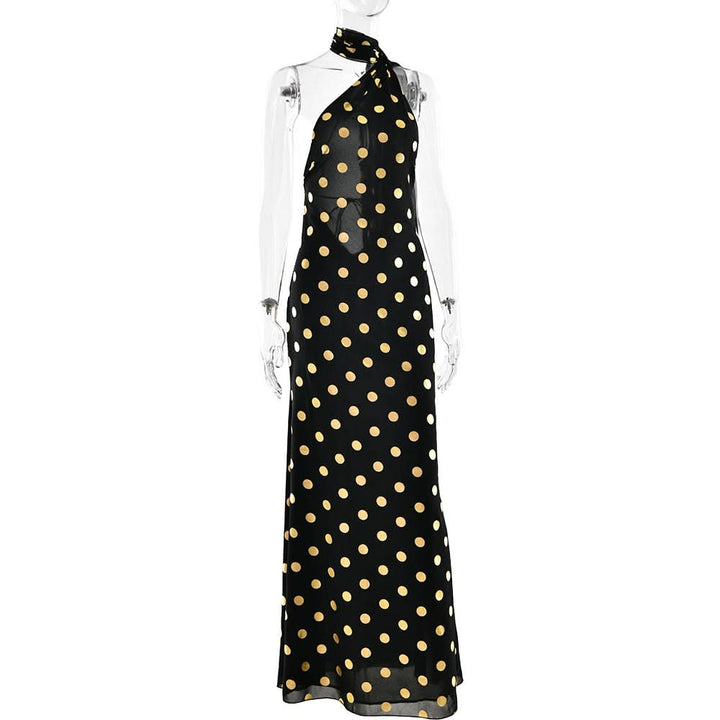 Halter polka dot backless self tie maxi dress  | Festival Outfits Women