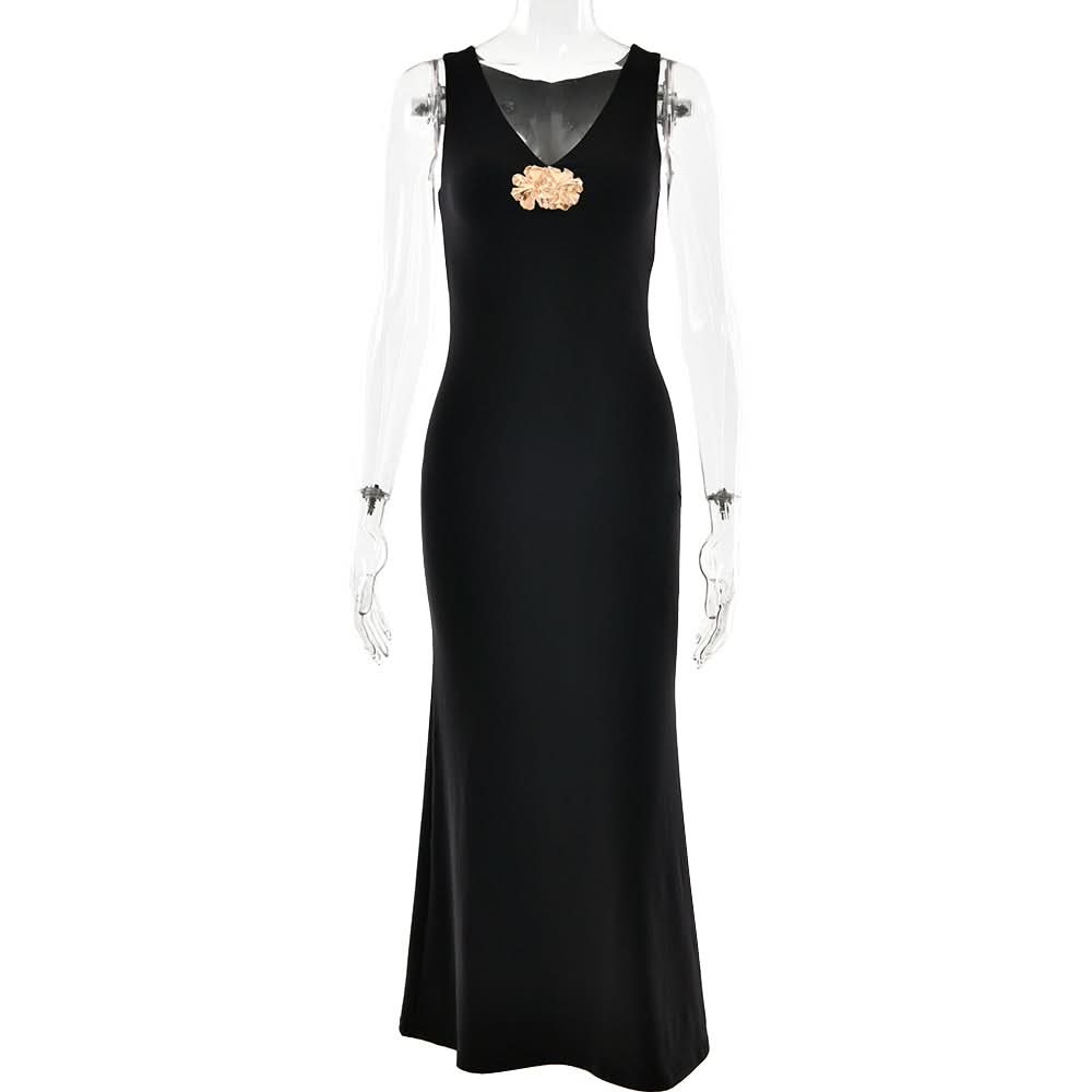 V neck sleeveless flower applique maxi dress  | Festival Outfits Women
