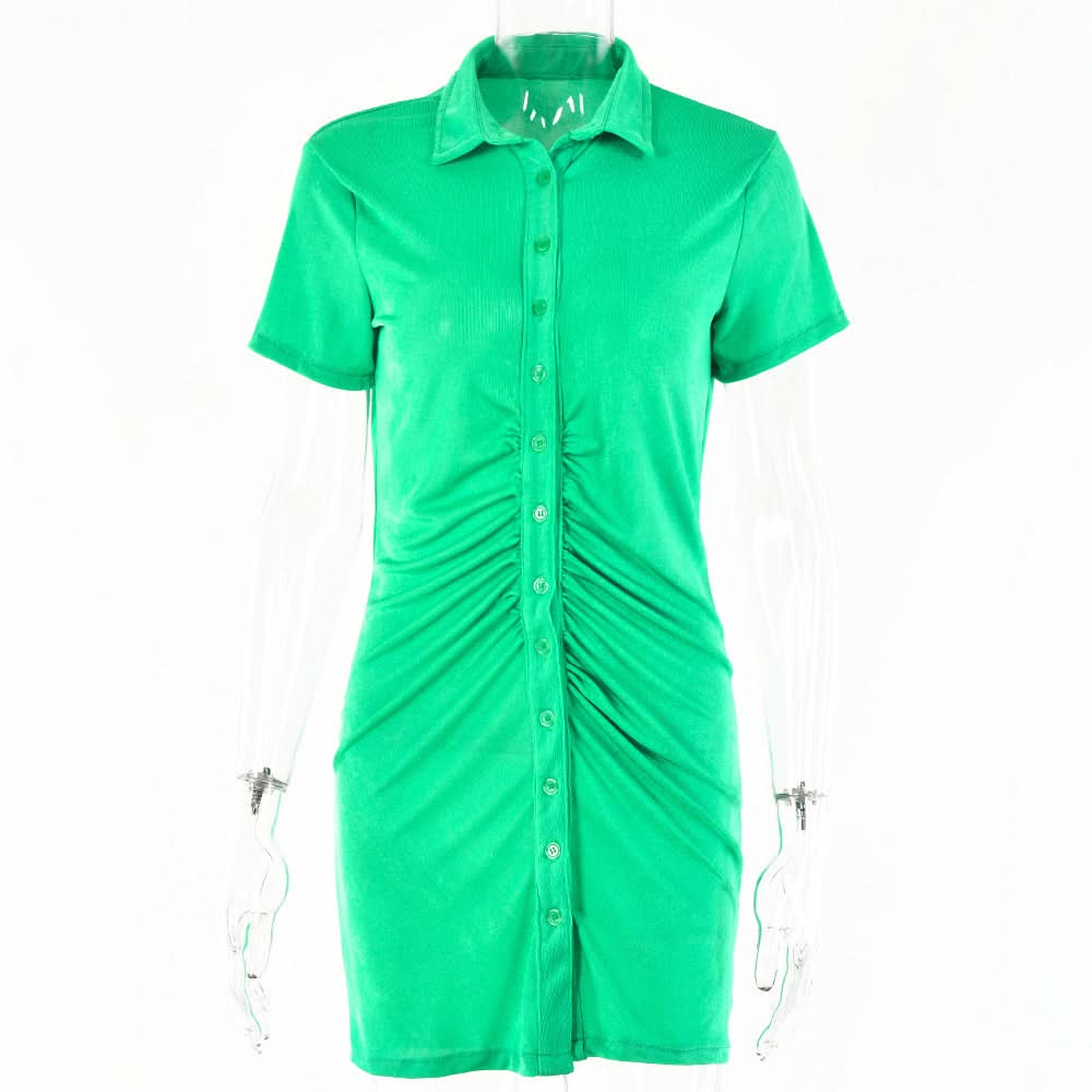 Turnover collar short sleeve ruched button mini dress  | Festival Outfits Women