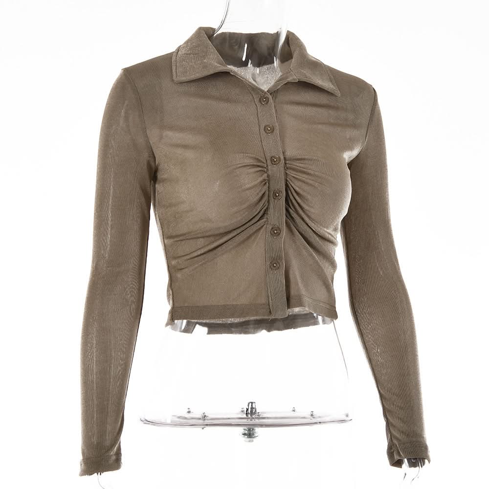 Turnover collar long sleeve ruched button crop top  | Festival Outfits Women