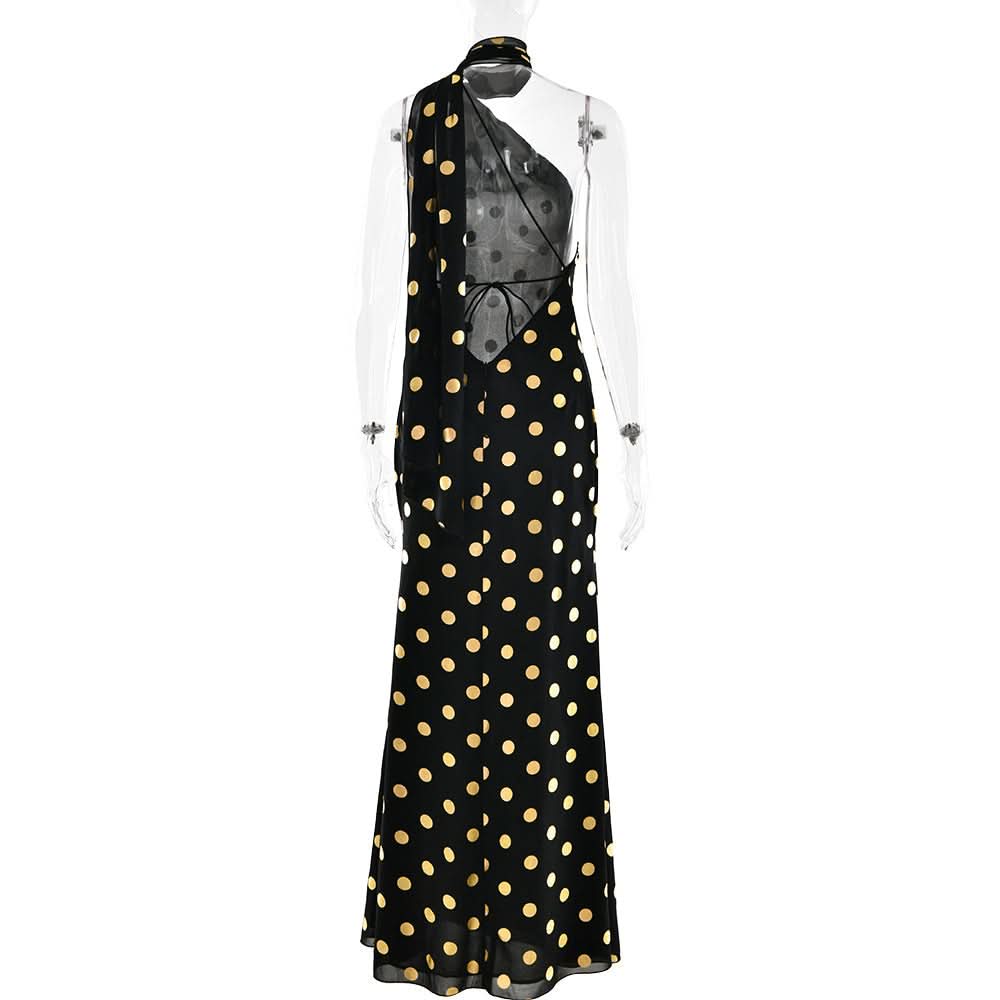 Halter polka dot backless self tie maxi dress  | Festival Outfits Women