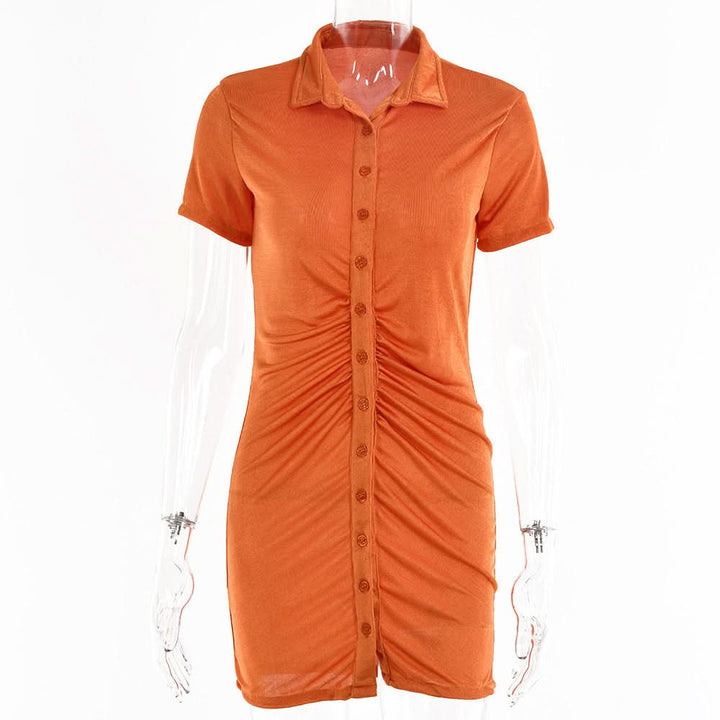 Turnover collar short sleeve ruched button mini dress  | Festival Outfits Women