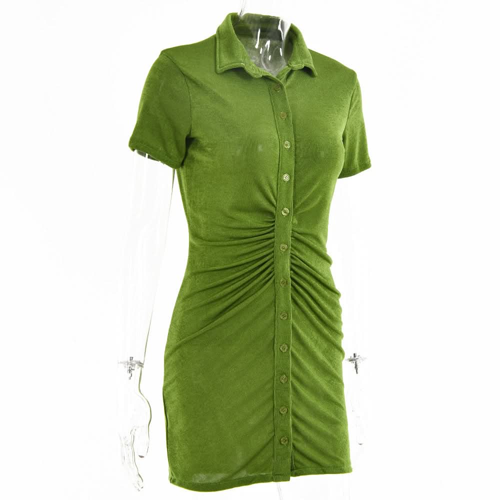 Turnover collar short sleeve ruched button mini dress  | Festival Outfits Women