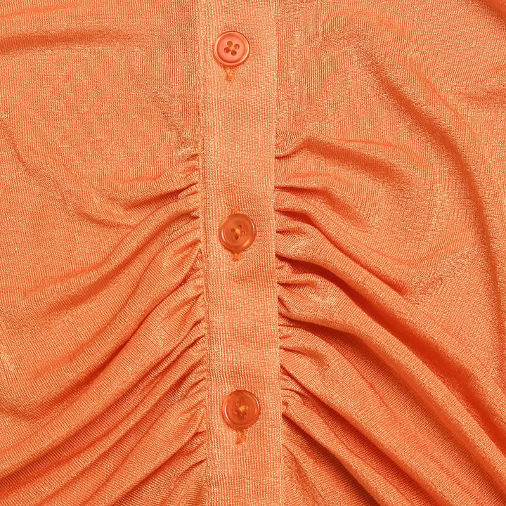 Turnover collar long sleeve ruched button crop top  | Festival Outfits Women