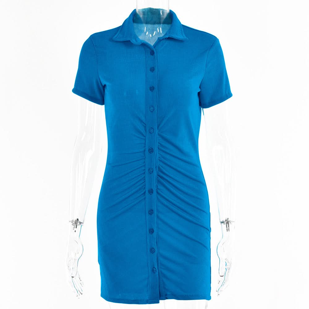 Turnover collar short sleeve ruched button mini dress  | Festival Outfits Women