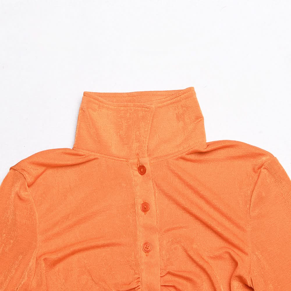 Turnover collar long sleeve ruched button crop top  | Festival Outfits Women