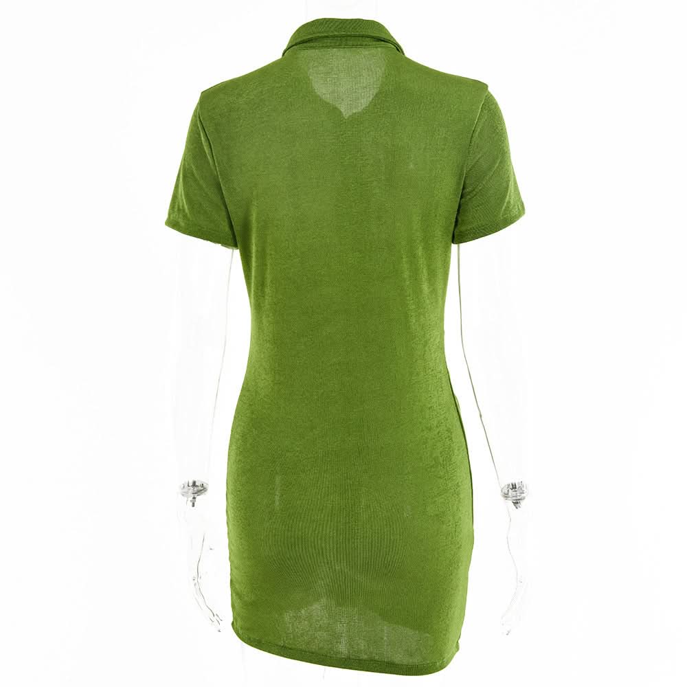 Turnover collar short sleeve ruched button mini dress  | Festival Outfits Women