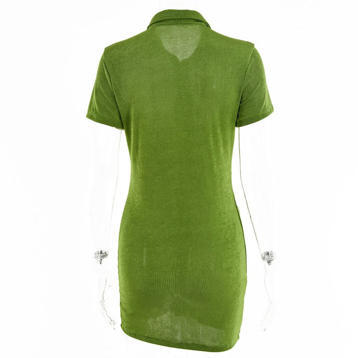 Turnover collar short sleeve ruched button mini dress  | Festival Outfits Women
