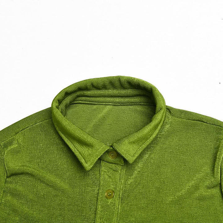 Turnover collar short sleeve ruched button mini dress  | Festival Outfits Women