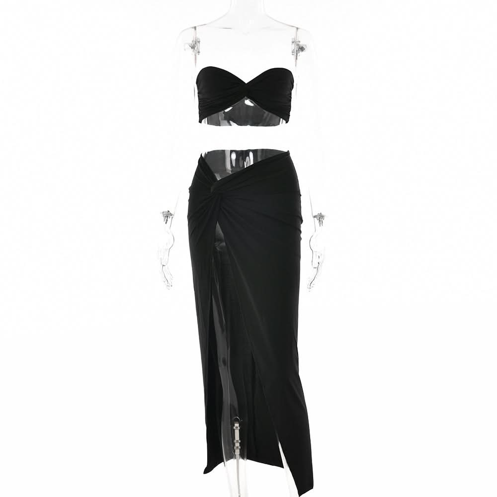 Sweetheart neck ruched slit maxi skirt set  | Festival Outfits Women