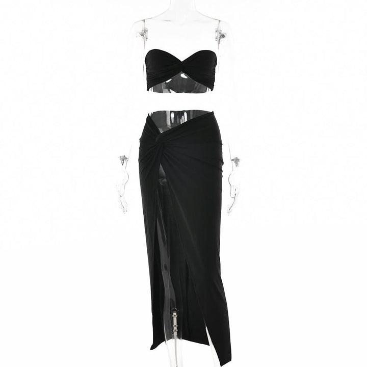 Sweetheart neck ruched slit maxi skirt set  | Festival Outfits Women