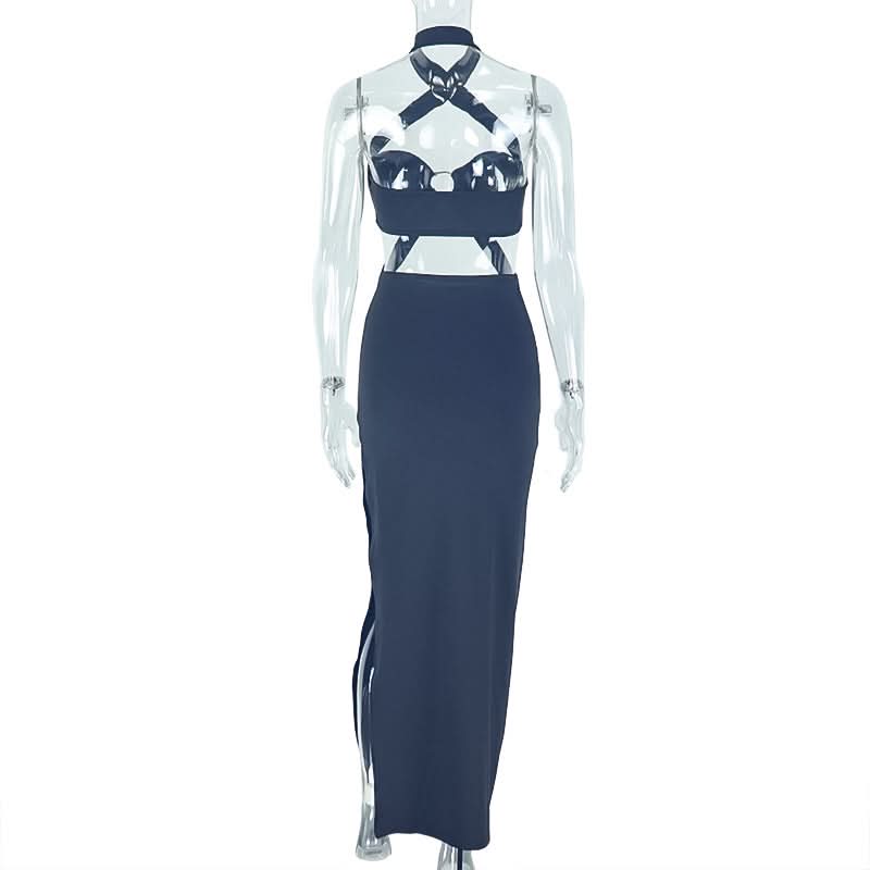Halter o ring hollow out padded slit cut out maxi dress  | Festival Outfits Women