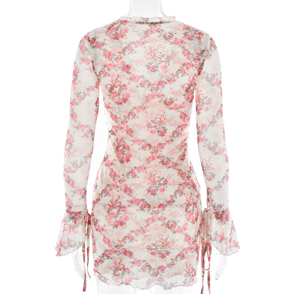 Long sleeve v neck flower print mesh mini dress  | Festival Outfits Women