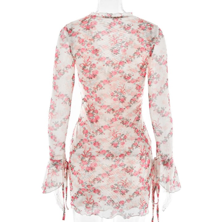 Long sleeve v neck flower print mesh mini dress  | Festival Outfits Women