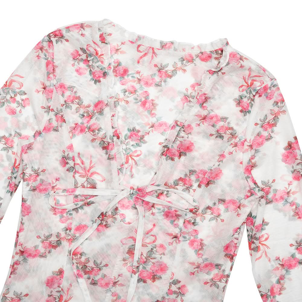 Long sleeve v neck flower print mesh mini dress  | Festival Outfits Women