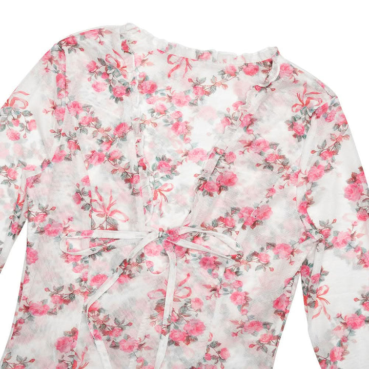 Long sleeve v neck flower print mesh mini dress  | Festival Outfits Women