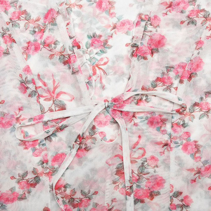 Long sleeve v neck flower print mesh mini dress  | Festival Outfits Women