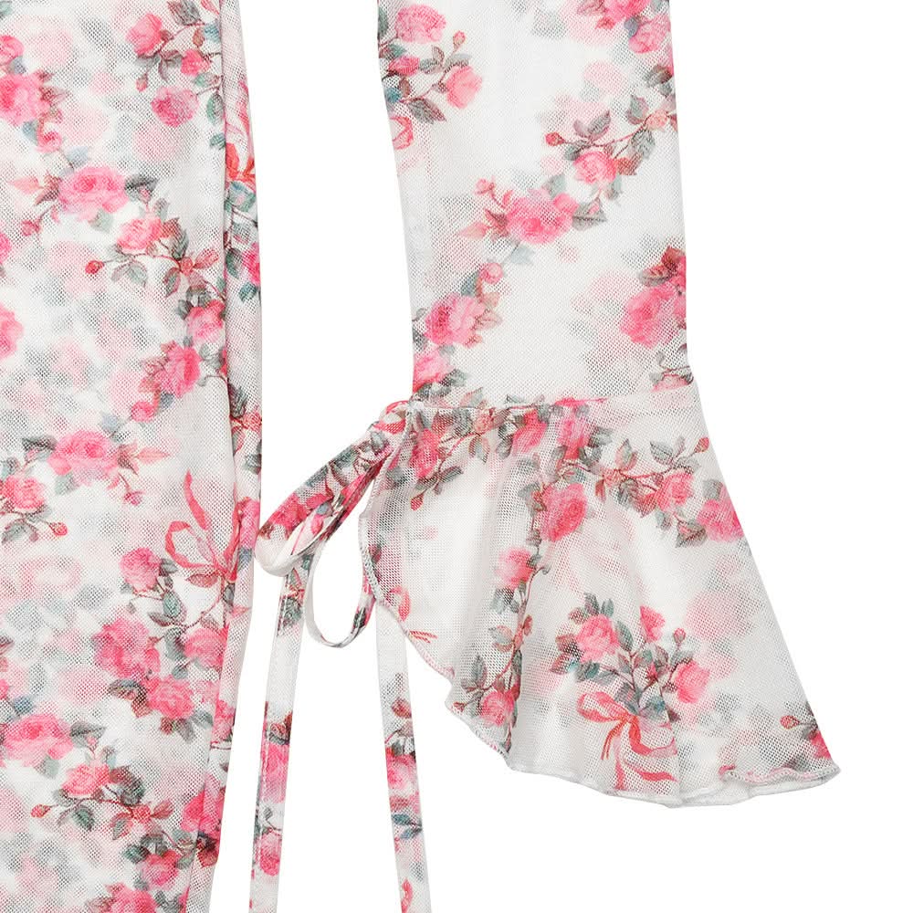 Long sleeve v neck flower print mesh mini dress  | Festival Outfits Women