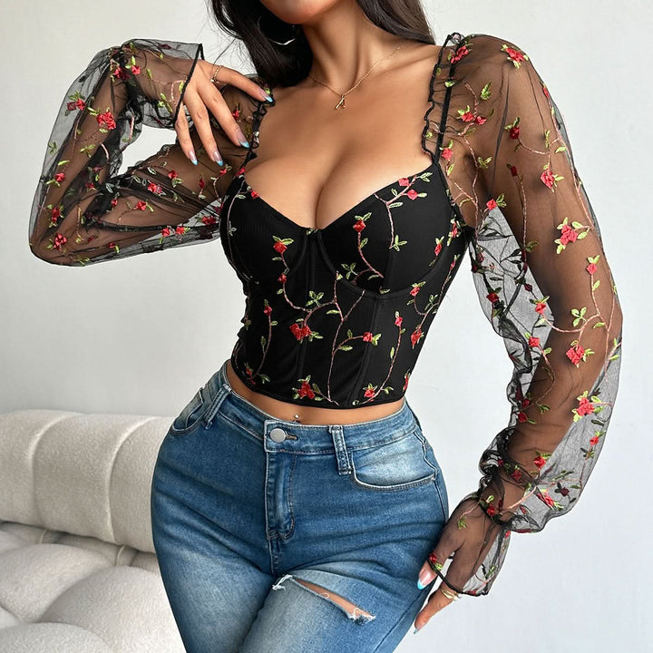 Flower embroidery bustier lace up top  | Festival Outfits Women