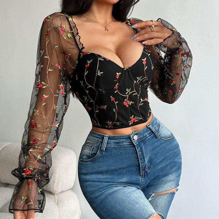 Flower embroidery bustier lace up top  | Festival Outfits Women