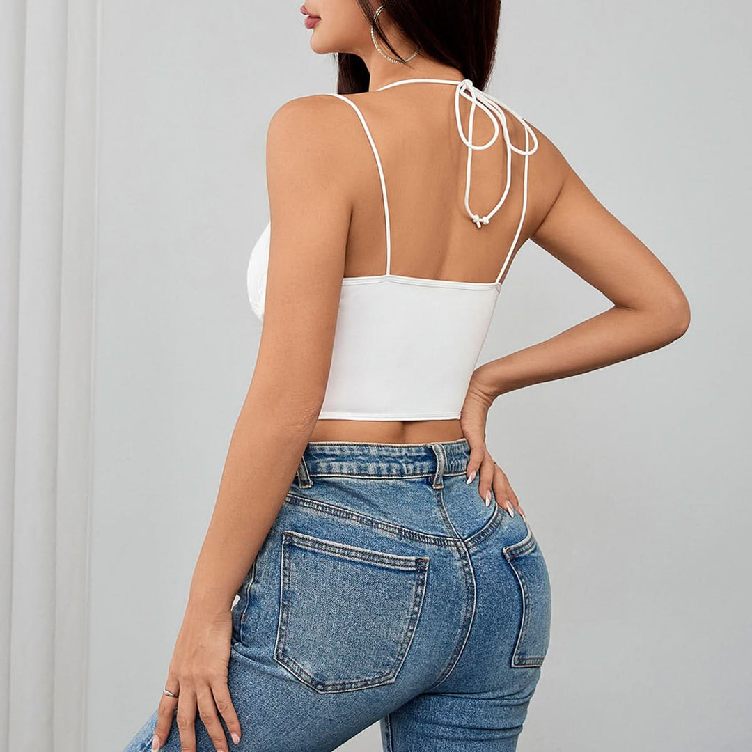 Halter button bustier lace hem cami top  | Festival Outfits Women