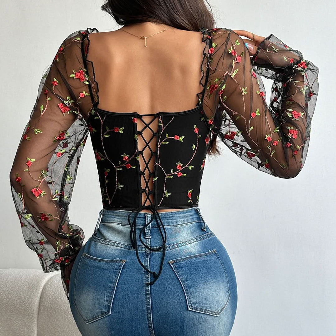 Flower embroidery bustier lace up top  | Festival Outfits Women