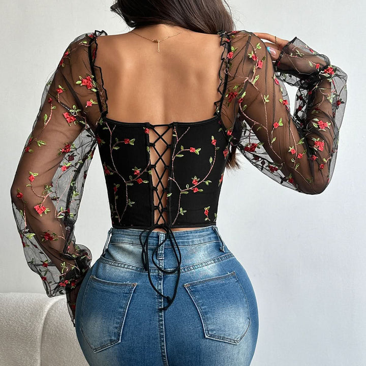 Flower embroidery bustier lace up top  | Festival Outfits Women