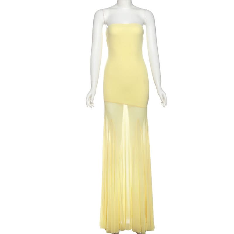 Mesh patchwork solid tube maxi dress  | Festival Outfits Women