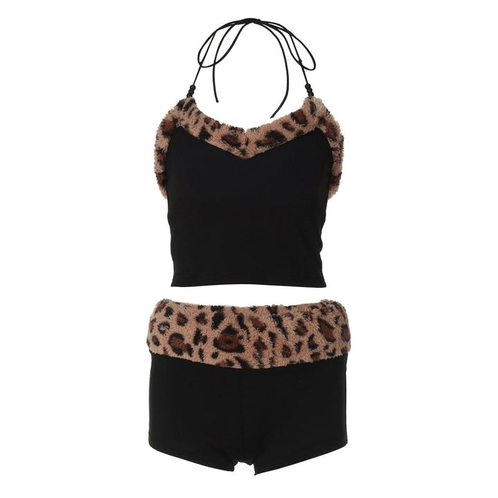 Leopard print halter fluffy beaded short pant set  | Festival Outfits Women
