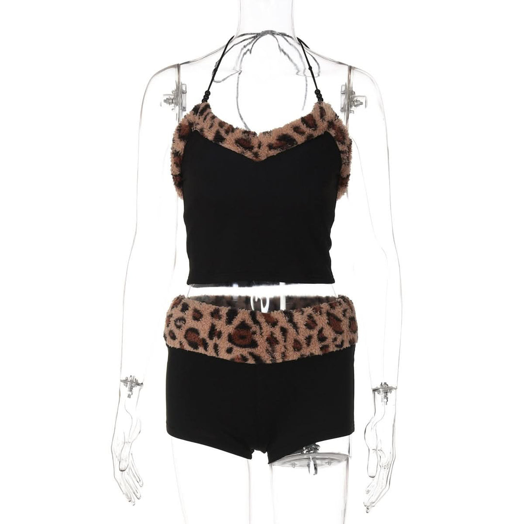 Leopard print halter fluffy beaded short pant set  | Festival Outfits Women