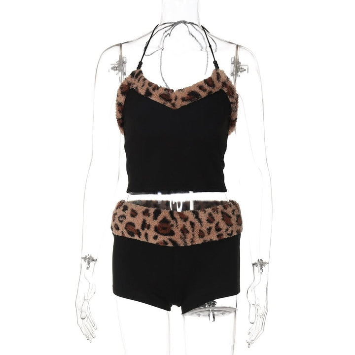 Leopard print halter fluffy beaded short pant set  | Festival Outfits Women