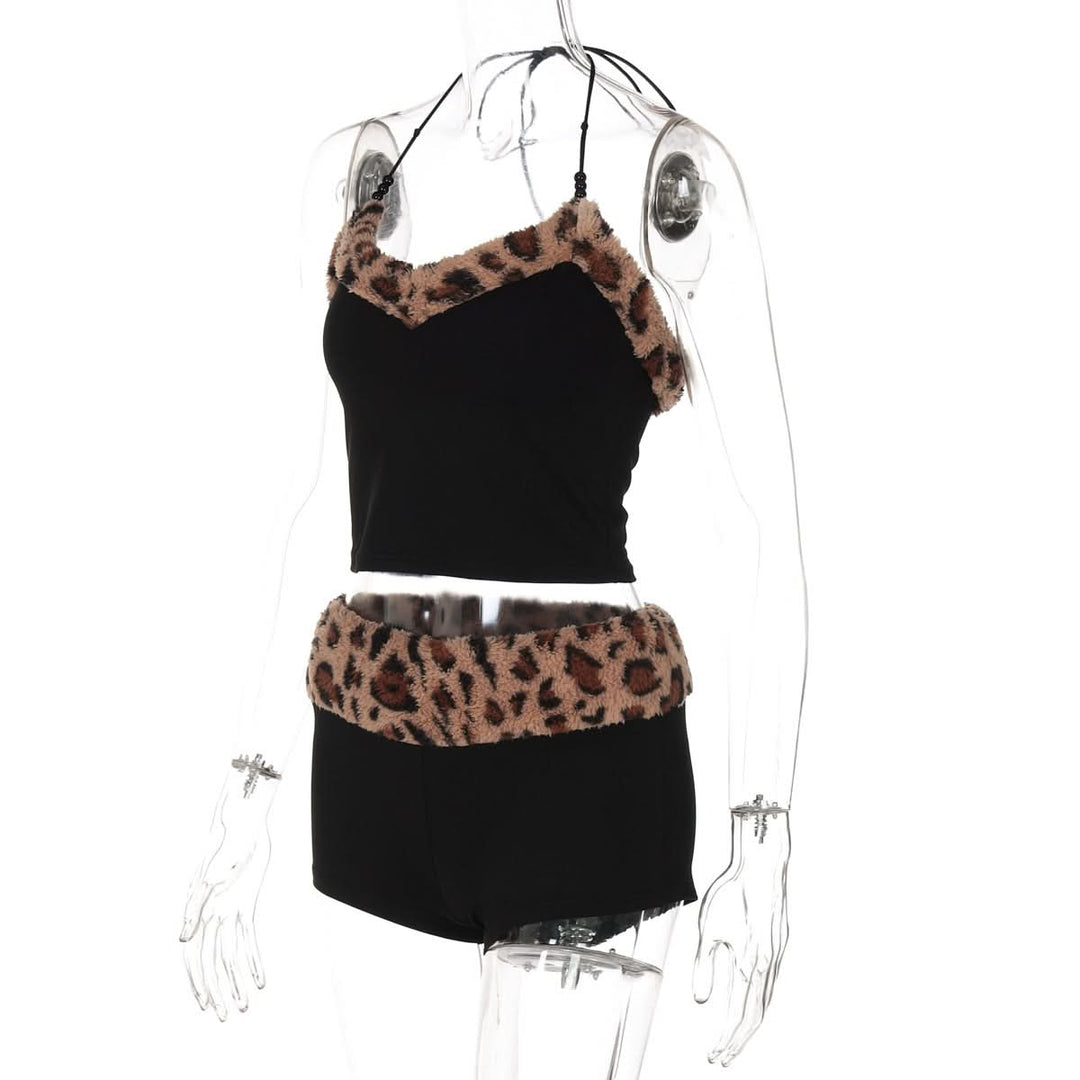 Leopard print halter fluffy beaded short pant set  | Festival Outfits Women