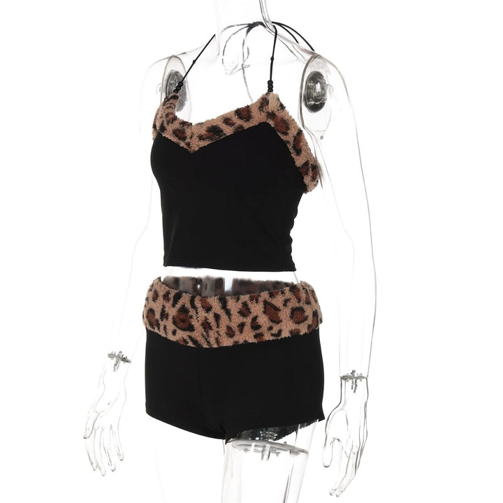 Leopard print halter fluffy beaded short pant set  | Festival Outfits Women