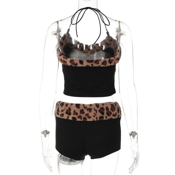 Leopard print halter fluffy beaded short pant set  | Festival Outfits Women