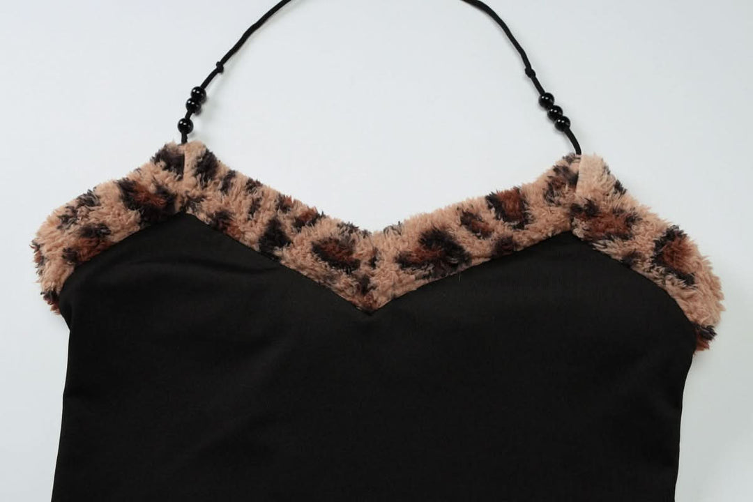 Leopard print halter fluffy beaded short pant set  | Festival Outfits Women