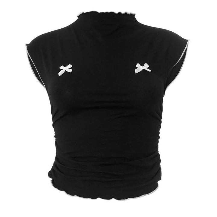 Ruffle bowknot crewneck ruched crop top  | Festival Outfits Women