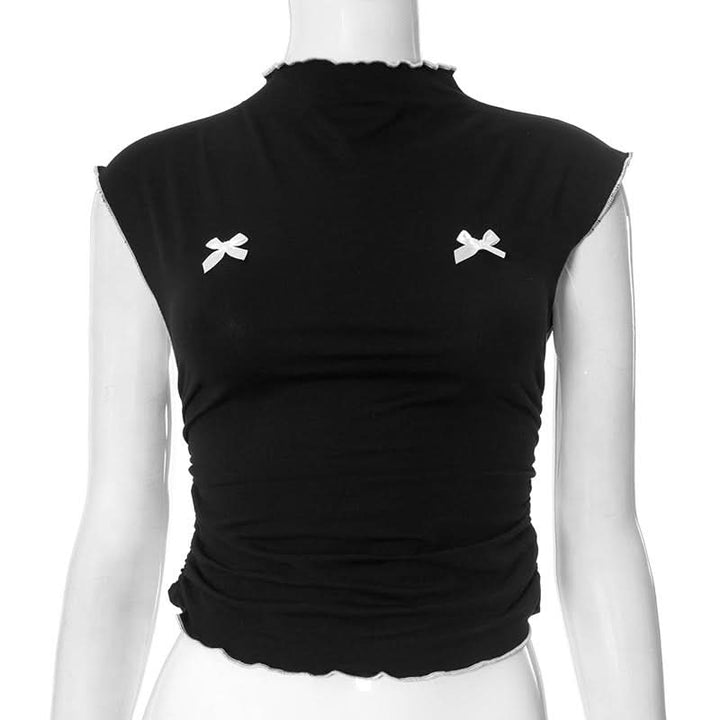 Ruffle bowknot crewneck ruched crop top  | Festival Outfits Women