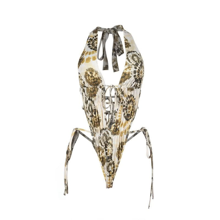 Halter self tie ruched print hollow out bodysuit  | Festival Outfits Women