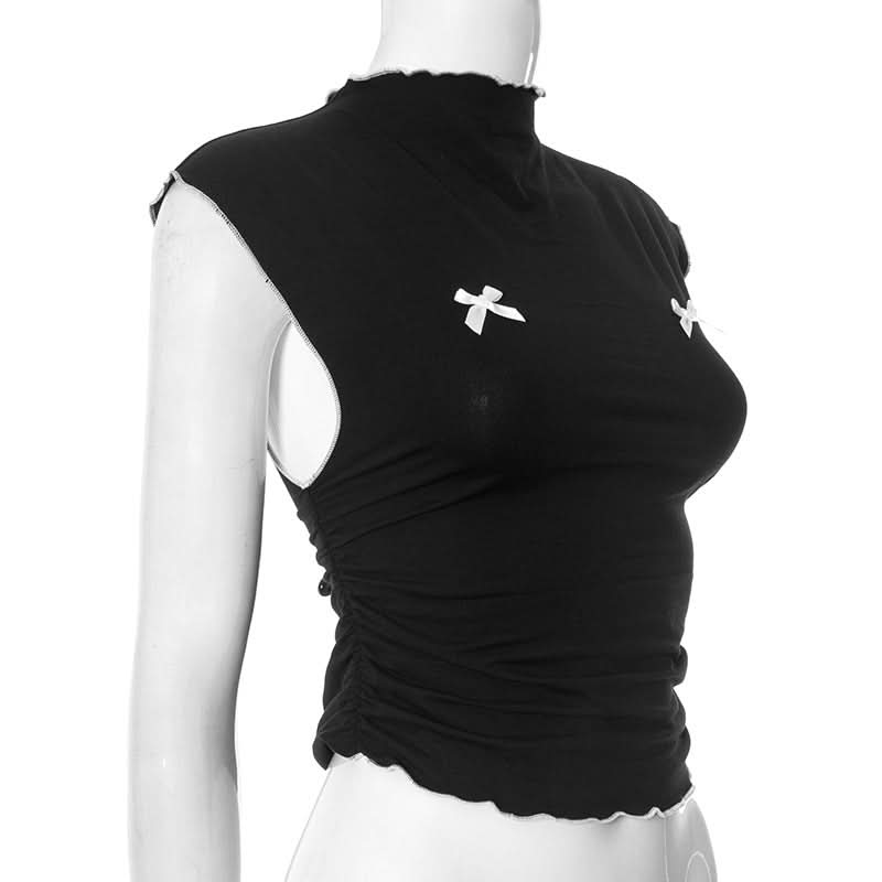 Ruffle bowknot crewneck ruched crop top  | Festival Outfits Women