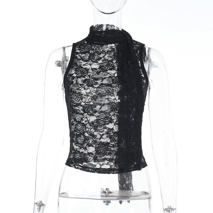Lace see through crewneck solid crop top  | Festival Outfits Women