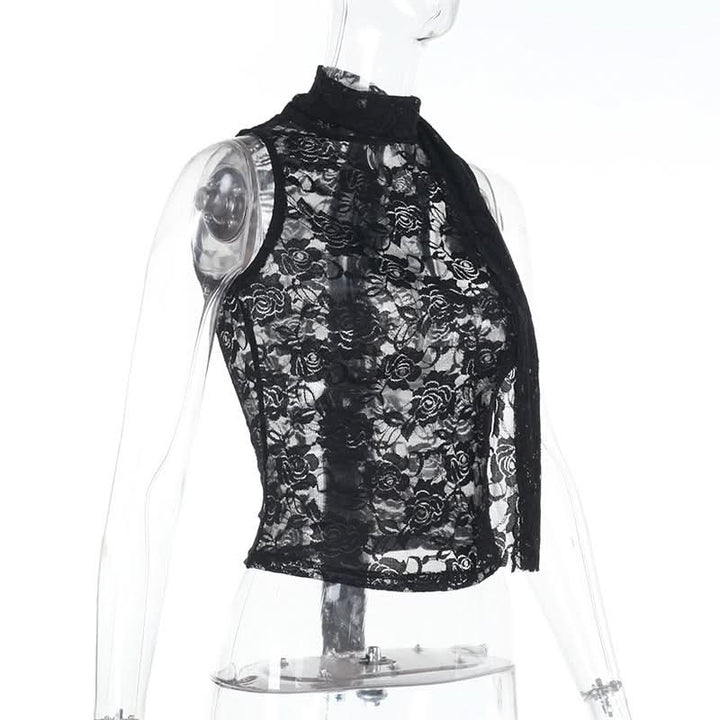 Lace see through crewneck solid crop top  | Festival Outfits Women